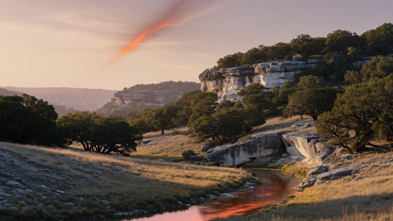 Late light on limestone and live oak in the Texas Hill Country