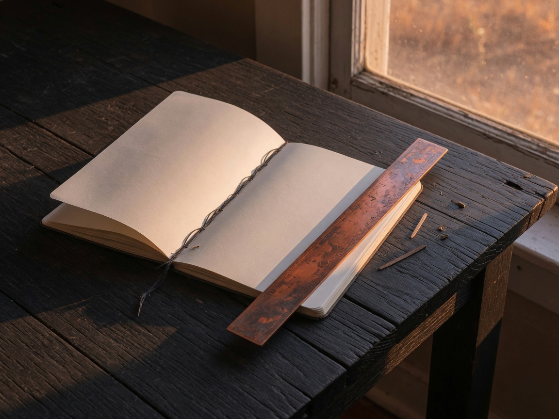Notebook and metal rule on a dark oak table